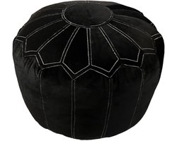 Marokkaanse Zacht Fluwelen Poef – Zwart – Ø 50 cm – Oversized Ronde Poef / Sidetable – Geborduurd Bloemmotief - Bijzettafel