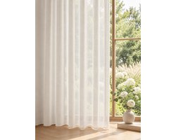 Maroyathome OLIVIA Vitrage Gordijn - Kant-en-Klaar - Geschikt voor Haakjes - Linnen Look - Off White - 300x250 cm - Transparant Inbetween Glasgordijn - 1 Stuk