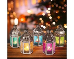 Marrakesh-achtige Oriëntaalse Lantaarns Set van 5 - Grijze Lantaarns met Gouden Afwerking voor Binnen en Buiten - Ramadan Decoratie