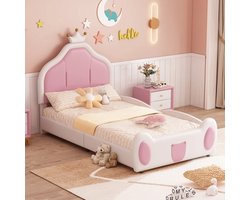 MartiCo® Kinderbed - Ledikant - Gestoffeerd - Leder - Inclusief Hoofdbord en Latten - 90x200 - Wit/Roze