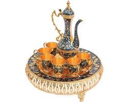 MartiCo® Theeservies - Serviceset - Serviesset - 6 Kopjes - 1 Pot - Turkse Theepot - Inclusief Dienblad - Blauw - Oranje
