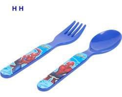 Marvel Spiderman - kunststof bestek - stoer eerste bestek spider-man - baby (6+) peuter kind - lepel en vork plastic BPA vrij - kraamcadeau - fruithapje - zelf eten - blauw - 13 cm