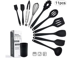 Marvish - Keukengerei Set Met Houder - Zwart - Zware Kwaliteit - Hittebestendig - Siliconen - Kookgerei - 11 delig
