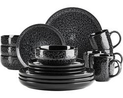 Mäser Combi Serviesset FILIPPA 16-delig Zwart - Compleet Servies voor 4 Personen - Keramisch Eetservies met Borden, Kommen en Mokken - Moderne Tafelservice