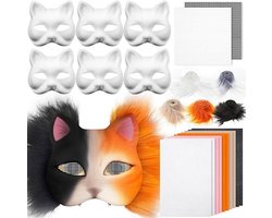 Maskers - DIY masker set - Met voetstuk - Pluche bont - Geschilderd - Ringetjes Gaas - Handgetekende - Handgeschilderde lege kat - Geschikt voor feestkostuums - Wit