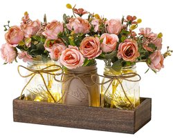 Mason Jar Centerpiece - Tafeldecoratie Boerderij - Woonkamer Decoratie - Met Houten Dienblad - 3 Stuks - Roze