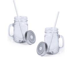 Mason Jar drinkbekers - 10x stuks - glas - dop zilver met rietje - 500 ml - afsluitbaar - fruit shakes