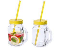 Mason Jar drinkbekers - 2x - glas - dop geel met rietje - 500 ml - afsluitbaar - fruit shakes