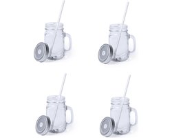 Mason Jar drinkbekers - 8x stuks - glas - dop zilver met rietje - 500 ml - afsluitbaar - fruit shakes