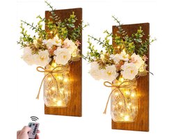 Mason Jar Wandlamp - Batterij LED Wanddecoratie met Afstandsbediening - Plafond & Muur Licht voor Huis Bruine pioenroos(Een groep) - Houten Sconce van Paulownia Hout, 0,7 kg