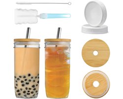 Mason-potten met deksels en rietjes, bubbeltheekopjes, 24 oz-drinkglazen, 2 stuks, stenen pot met brede opening voor doe-het-zelf-voedselsap, koffie, smoothie, thee, jam, honing