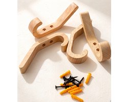 Massief Eikenhouten Wandhaken Set van 4 – Kapstokhaken voor Wand – Handgepolijst – J-Type Houten Wandhaak 155 mm – Natuurlijke Houtkleur