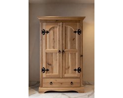 Massief Grenen 2-Deurs Garderobekast met Lade en Kledingstang – Mexicaanse Stijl Kledingkast & Hal Kast – Gebeitst en Gewaxt Hout – 100x190x56 cm – Mobili Bella
