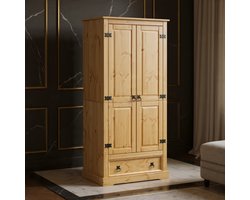 Massief Grenen Houten Kledingkast – Draaideurkast met Lade en Metalen Handgrepen – Garderobekast voor Slaapkamer – Veel Opbergruimte voor Kleding, Schoenen en Accessoires – Rustiek Design - House & Garden