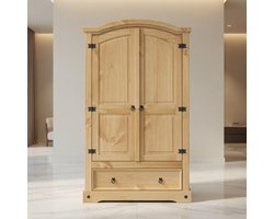 Massief Grenen Kledingkast – Rustieke Houten Garderobekast met Kledingstang, Plank en Lade – Hoge Opbergkast voor Slaapkamer, Hal of Logeerkamer – Honingkleur met Metalen Handgrepen Mobili Bella