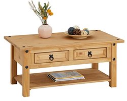 Massief Grenenhouten Salontafel met 2 Laden en Plank in Natuurlijk Design