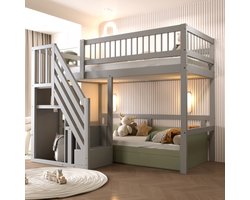 Massief houten bed 90*200, trap met opbergkast, kinderbed, jeugdbed, eenpersoonsbed, massief houten frame, hoog model, grijs