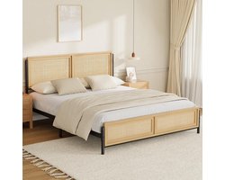 Massief houten bedframe rotan hoofdbord - 200 x 140 x 111cm - Metalen lattenbodem - Natuurlijk hout