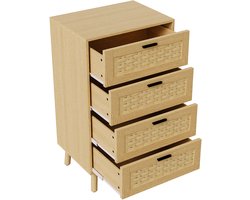 Massief houten commode met 4 laden in eikenhouten afwerking en decoratieve bamboe fronten voor de slaapkamer, naturel