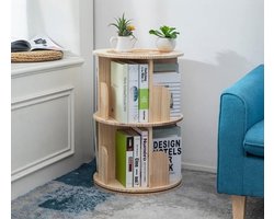 Massief Houten Draaibare Boekenkast - 360° Display Boekentoren Met 2 Niveaus - Vrijstaand Opbergrek Voor Kinderen En Volwassenen - Multifunctionele Houten Organizer Voor Boeken, Speelgoed En Decoratie