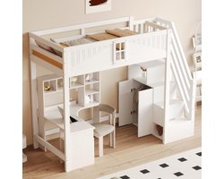 Massief houten hoogslaper 90 x 200 cm, unieke veiligheidsdeur met raam, veiligheidsladder met opbergruimte aan de zijkant links en rechts Vervangbaar, multifunctioneel bed, wit