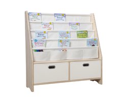 【Massief Houten + Katoen】Kinderboekenrek, Kinderboekenkast, Kinderboekenplank W90 x D35 x H95 cm met 2 Opslagbakken - Boekenkast voor Kinderen - Speelgoedrek - Speelgoedkast - Speelgoedbox - Opbergkast - Kinderkast - Montessori Boekenplank Ongecoat