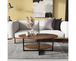 Massief houten ovale salontafel met metalen poten - 110 cm - Industriële middentafel met opbergruimte