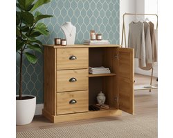 Massief Houten Sideboard – Modern Dressoir met 2 Deuren & 3 Lades – Opbergkast voor Woonkamer, Keuken of Hal – Kiefern Hout met Metalen Handgrepen – Stevige & Duurzame Kast – Rustic Brown – Novihome