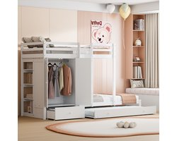 Massief houten stapelbed 90x200 cm met uittrekbed – multifunctioneel kinderbed met kledingkast, laden en opbergvak, wit
