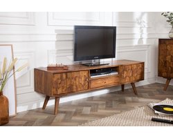 Massief tv-bord MYSTIC LIVING 140 cm bruin Sheesham massief houten stenen afwerking 3D front - 39744
