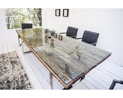 Massieve eettafel BARRACUDA 180cm antiek teakhout met stalen sledepoten incl. glazen blad - 36648