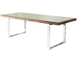 Massieve eettafel BARRACUDA 200cm antiek teakhout met stalen sledepoten incl. glazen blad - 30118