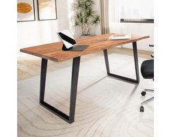 Massieve kantoortafel - natuurlijk houten bureau - blad met boomrand - U-vormige metalen poten - handgemaakt - acaciahout - 120 cm x 60 cm x 76 cm