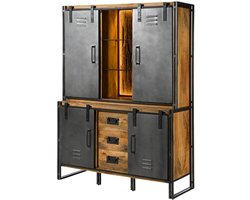 MASSIVMOEBEL24.DE BLACKBURN LUX buffetkast #406 150x55x200 mango / oud hout naturel / grijs gelakt / metaal grijs, met verlichting
