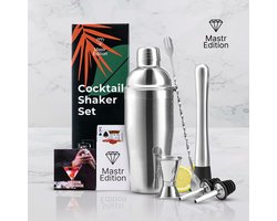 Mastr Edition Cocktail Set - Cocktail shaker set 8 delig - Mix drank - Cocktailshaker 750ml - Zilver - RVS - Vaatwasser bestendig - Cocktail accessoires - Cocktail receptboekje - Gratis spel kaarten