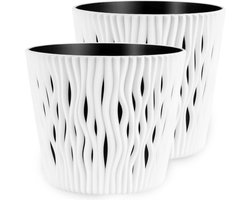 Mat decoratieve bloempotten - wit - set van 2 - voor bloemen en kruiden - duurzaam en licht - ronde kunststof plantenpotten voor woonkamer, eetkamer, keuken, terras, balkon - doorsnede