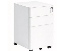 Mat Wit Documentenkast 50 x 39 x 59 cm, Mobiele 3-Laden Archiefkast van Staal met Slot en Wielen, Verrijdbare Kantooropslag voor Mappen, Printertafel en Bureau Accessoires, Ruimtebesparende Ladekast voor Kantoor en Werkplek