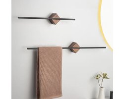 Mat Zwart Handdoekrek met Walnoothout - Roestvrij Staal - Zelfklevend Zonder Boren - Waterdicht Handdoekhouder voor Badkamer & Keuken - Stijlvolle Design Handdoekenrek met Hout- 60 cm - Handdoekstang & Handdoekhouder voor Muurmontage
