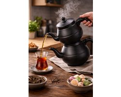 Mat Zwarte Aluminium Turkse Theepot – Dubbele Theepot voor Gas & Houtkachel