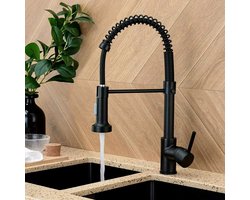 Mat Zwarte Keukenkraan met Uittrekbare Uitloop – Mengkraan met Flexibele Slang – Modern en Praktisch Design