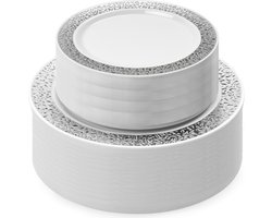 Matana – 120-delige Plastic Borden Set met Zilveren Rand – 60 Dinerborden (26cm) & 60 Dessertborden (19cm) – Herbruikbaar – Voor Bruiloften & Feesten