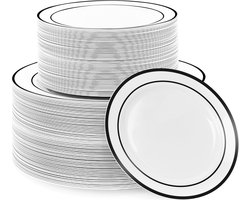 MATANA - 120 Herbruikbare Plastic Borden met Zwarte Rand (2 Maten) - Kunststof Bordjes voor Bruiloften, Verjaardagen, Doopfeesten, Kerstmis en Feesten
