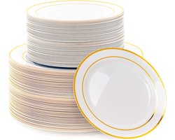 MATANA 120 Herbruikbare Plastic Borden - Wit met Gouden Rand voor Bruiloften, Verjaardagen en Feestjes (2 Maten: 60 x 26 cm, 60 x 19 cm)