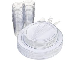 MATANA 150-delig Plastic Feestservies - 50 Witte Feestborden met Zilveren Rand (2 Maten), 25 Lepels, 25 Vorken, 25 Messen, 25 Feestbekers - Bruiloften en Verjaardagen
