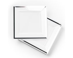 MATANA 20 Kleine Vierkante Witte Borden met Zilveren Rand (16cm), Dessert Feestbordjes voor Bruiloften, Verjaardagen, Kerstmis & Feesten - Stevig en Herbruikbaar