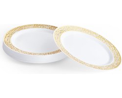 MATANA - 20 Kleine Witte Herbruikbare Plastic Borden met Gouden Rand (19cm) - Dessert Feestbordjes voor Bruiloften, Verjaardagen, Dopen, Kerstmis & Feesten