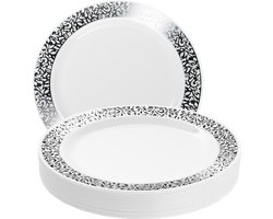 Matana – 20 Plastic Borden met Zilveren Rand, 26cm – Wit – Herbruikbaar & Stevig – Voor Bruiloften, Verjaardagen & Feesten