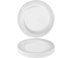 MATANA - 20 Witte Herbruikbare Plastic Borden met Zilveren Rand (25cm) - Feestbordjes voor Bruiloften, Verjaardagen, Dopen, Kerstmis & Feesten - Stevig en Herbruikbaar