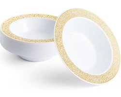 MATANA - 20 Witte Herbruikbare Plastic Kommen met Gouden Rand (360 ml) - voor Bruiloften, Verjaardagen, Doopfeesten, Kerstmis en Feesten - Stevig en Herbruikbaar