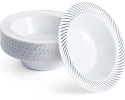 MATANA - 20 Witte Herbruikbare Plastic Kommen met Zilveren Rand (360 ml) - voor Bruiloften, Verjaardagen, Doopfeesten, Kerstmis en Feesten - Stevig en Herbruikbaar